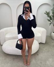 SC Lapel Patchwork V Neck Romper YWXS-K26L2180