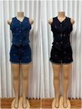 SC Plus Size Sleeveless Cherry Embroidered Vest Short Denim Suit GMYU-6765