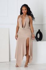 SC V Neck Halterneck Backless Split Maxi Dress GADE-11348