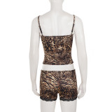 SC Leopard Print Lace Patchwork Two Piece Short Set GPKJ-MR49217