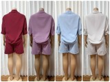 SC 3/4 Sleeve Solid Color Shirt Belt Short 2 Piece Set GMYU-11311