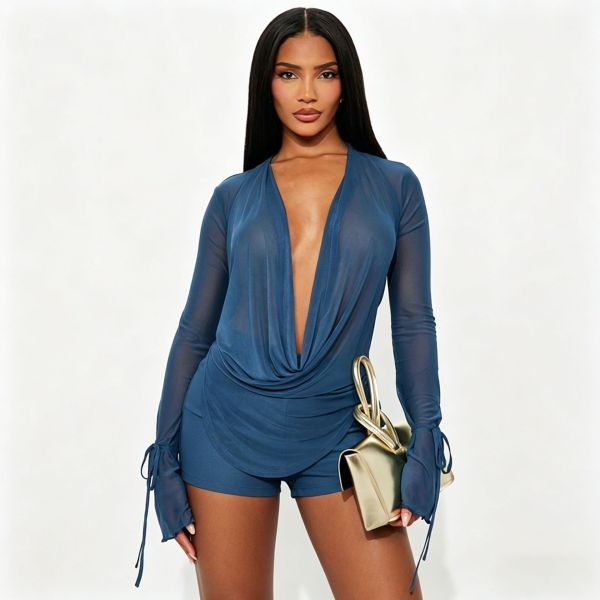 SC Solid Color Mesh Long Sleeve Tops Short Suit SHD-9984