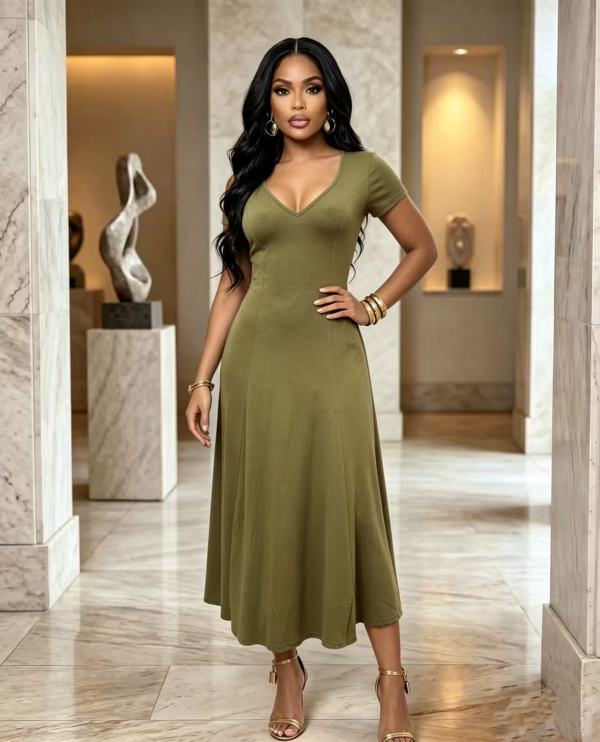 SC Short Sleeve V Neck Solid Maxi Dress GADE-103581