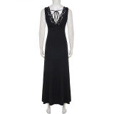 SC Lace Patchwrok V Neck Tie Up Maxi Dress GPKJ-MR46968