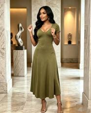 SC Short Sleeve V Neck Solid Maxi Dress GADE-103581