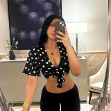 SC Polka Dots Print Tie Up Short Sleeve Top GPKJ-MR49044