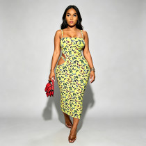 SC Butterfly-Print Hollow Out Sling Maxi Dress BN-9238
