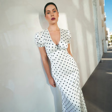 SC Polka Dots Print Puff Sleeve V Neck Maxi Dress XEF-K6D08600A