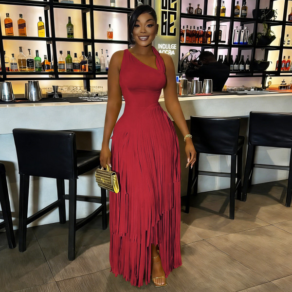 SC Solid Color Tassel Sleeveless Maxi Dress YF-11017