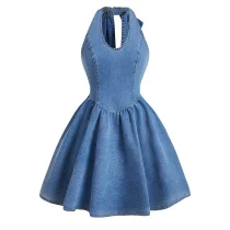 SC Fashion Denim Bow Tie Halterneck Mini Dress GDAM-208908