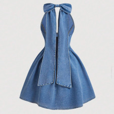SC Fashion Denim Bow Tie Halterneck Mini Dress GDAM-208908