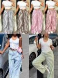 SC Plus Size Solid Color T Shirt Stripe Pants 2 Piece Set GADE-11411