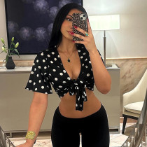 SC Polka Dots Print Short Sleeve Tie UP Tops GSZM-D26TP120
