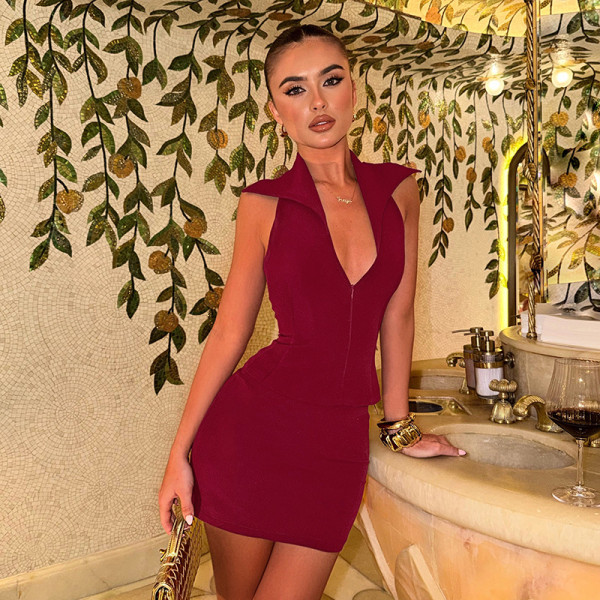 SC Solid Color Lapel Zipper Two Piece Skirts Set GSZM-D26ST167