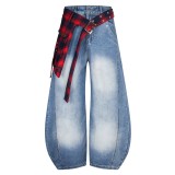 SC Plus Size Plaid Print Washed Straight Jeans GYLN-0738