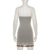SC Polka Dots Print Lace Edge Sling Mini Dress GPKJ-MR49225