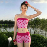 SC Heart Print Wrap Chest Top Two Piece Short Set GPKJ-MR48589