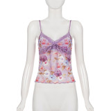 SC Lace Patchwork V Neck Print Sling Top GPKJ-MR49008