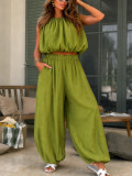 SC Solid Color Sleeveless Crop Top Lantern Pants Suit HNIF-YY043