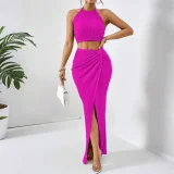 SC Press Pleated Halterneck Top Split Long Skirt Suit HNIF-YM063