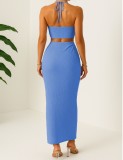 SC Press Pleated Halterneck Top Split Long Skirt Suit HNIF-YM063