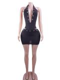 SC Deep V Neck Hollow Out Bodysuit Two Piece Skirts Set GTGE-MH1011