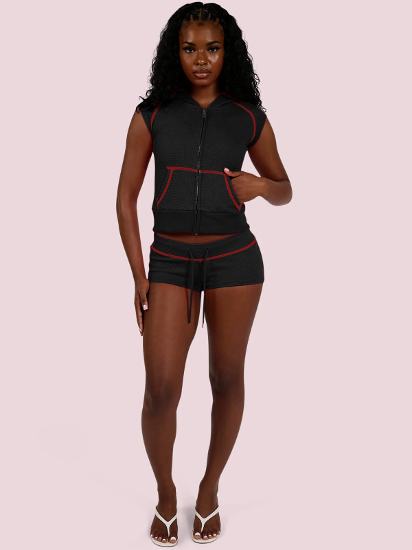 SC Short Sleeve Hooded Top Two Piece Shorts Set CH-26021