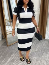 SC Stripe Color Block Short Sleeve Midi Dress HNIF-JP024