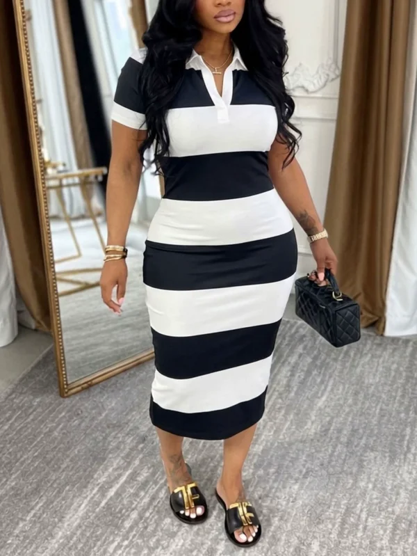 SC Stripe Color Block Short Sleeve Midi Dress HNIF-JP024