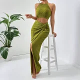 SC Press Pleated Halterneck Top Split Long Skirt Suit HNIF-YM063