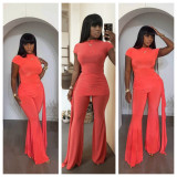 SC Sleeveless Ruched Tops Flare Pant 2 Piece Set YD-8862