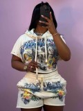 SC Casual Print Hooded Two Piece Shorts Set YD-8863