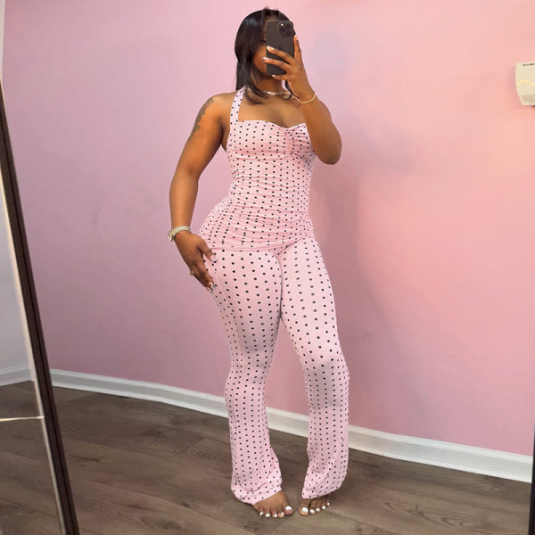 SC Polka Dots Print Halterneck Two Piece Pants Set MXBF-D26ST115