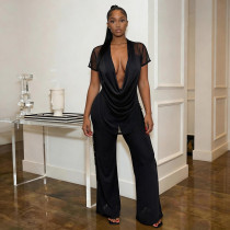 SC Mesh Deep V Neck Tops Two Piece Pants Set MXBF-J26ST144