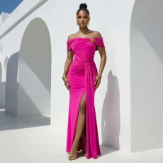 SC One Shoulder Solid Color Split Maxi Dress CYA-902371