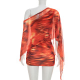 SC Print Slash Shoulder Ruched Mini Dress GDSF-Q26DS032
