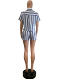SC Stripe Color Block Shirt Two Piece Short Set QODY-6075