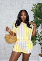 SC Stripe Color Block Shirt Two Piece Short Set QODY-6075