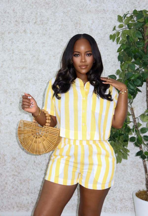 SC Stripe Color Block Shirt Two Piece Short Set QODY-6075