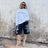 SC Plus Size Letter Print Washed Denim Shorts GYLN-0217