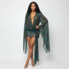 SC Mesh Deep V Neck Print Mini Dress GSZM-J26DS170
