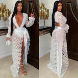SC Mesh Lace Deep V Neck Split Bodysuit Long Skirt Suit GFYX-7707