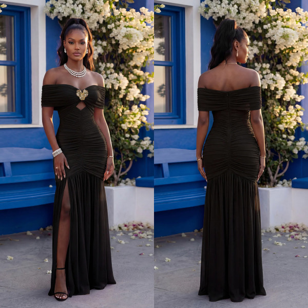 SC Off Shoulder Solid Color High Split Maxi Dress GFYX-7661