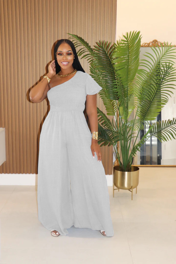 SC Solid Color Slash Shoulder Loose Jumpsuit XHXF-483