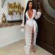 SC Mesh Lace Deep V Neck Split Bodysuit Long Skirt Suit GFYX-7707