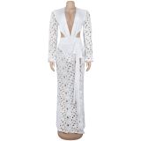 SC Mesh Lace Deep V Neck Split Bodysuit Long Skirt Suit GFYX-7707