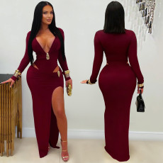 SC Sexy V Neck Solid Color Split Maxi Dress GFYX-7631