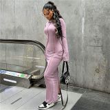 SC Solid Color Long Sleeve Split Maxi Dress SHD-8011