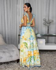 SC Colorful Print Deep V Neck Maxi Dress XHXF-487
