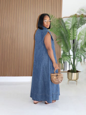 SC Single Breasted Lapel Denim Loose Maxi Dress SFY-875